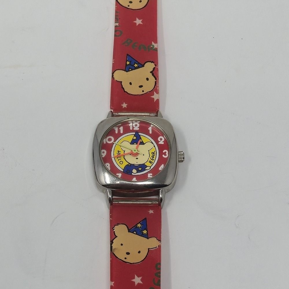 Vintage Hello Bear Watch Japan Movt Square Case Red Plastic Band NEEDS BATTERY